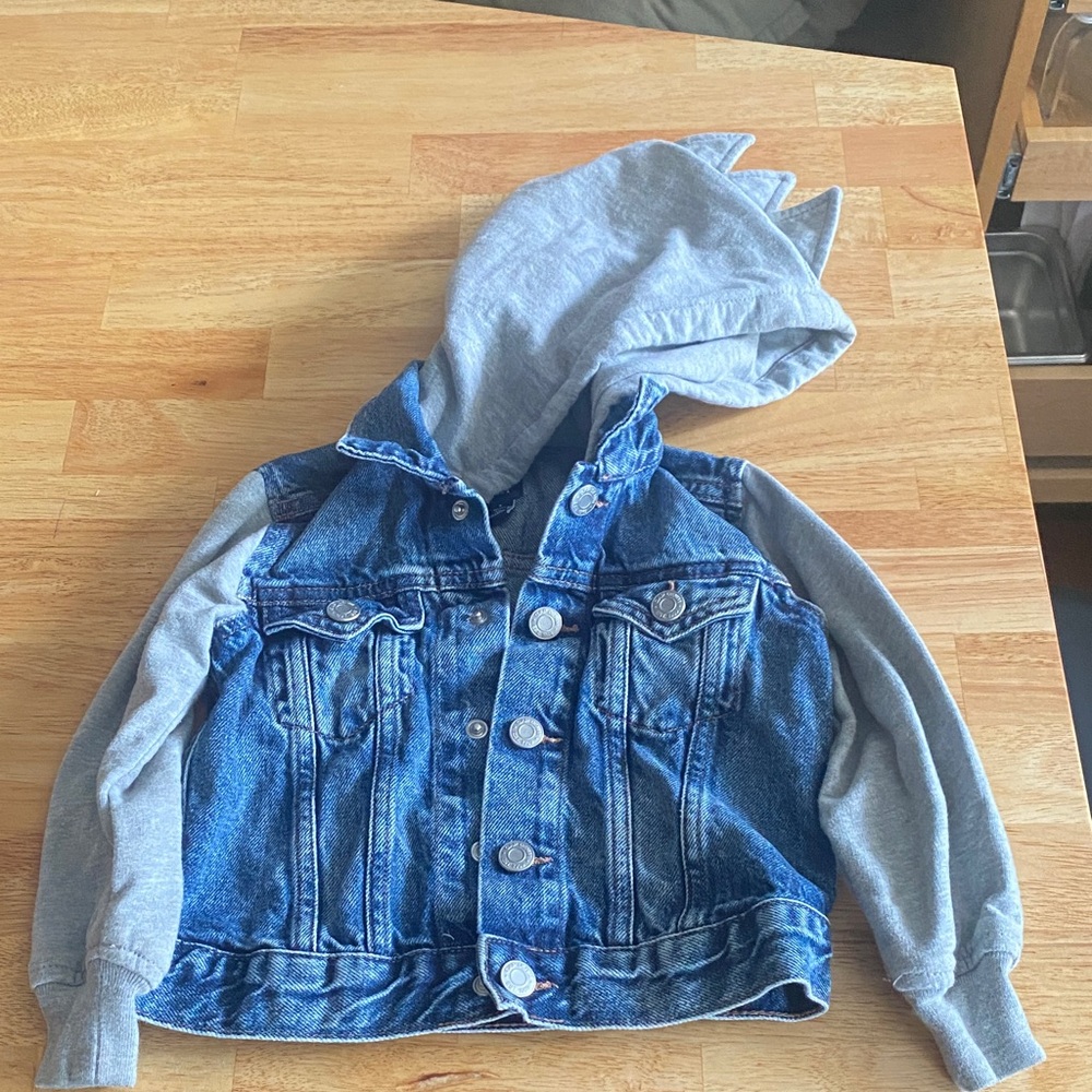 GAP Blue Denim Jacket with Gray Dino Hood